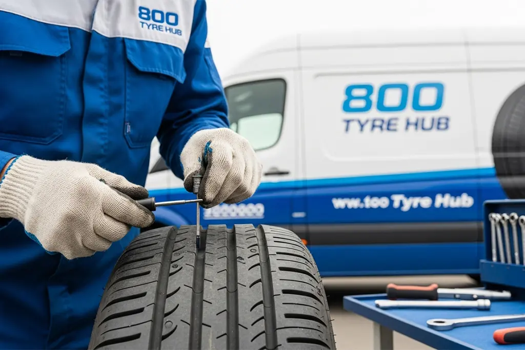 Tyre repair technician performing a plug repair on a tyre at the customer’s location in Abu Dhabi