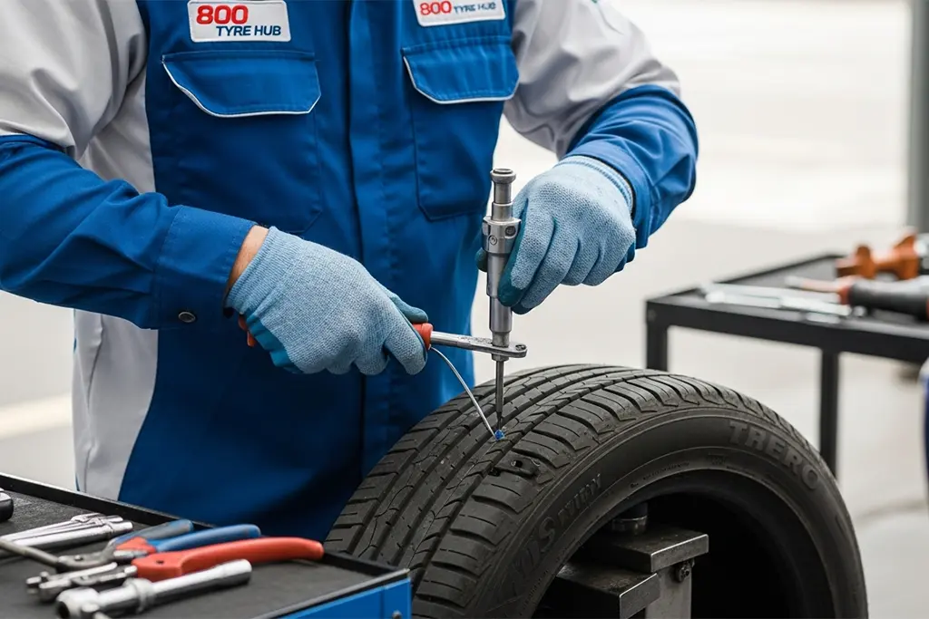 Tyre repair technician performing a plug repair on a tyre at the customer’s location in Ajman