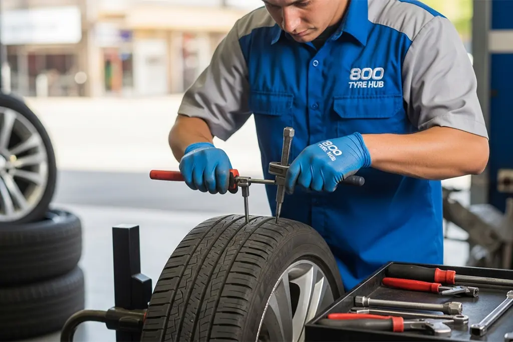Technician repairing a tyre with a plug in Sharjah