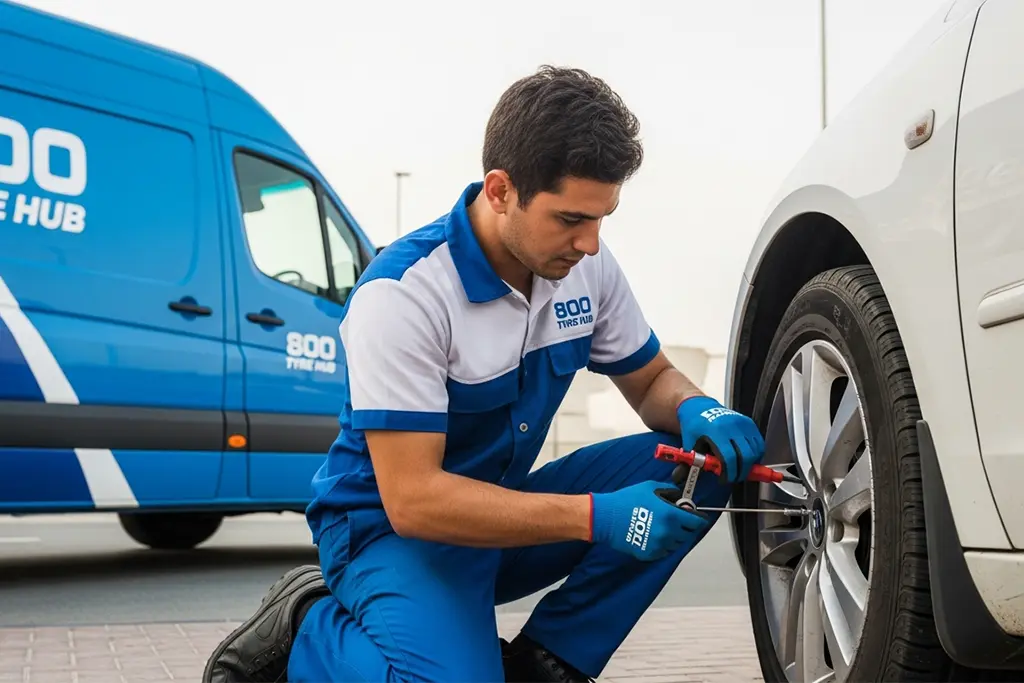 Technician repairing a tyre puncture using a plug repair method during mobile tyre puncture service