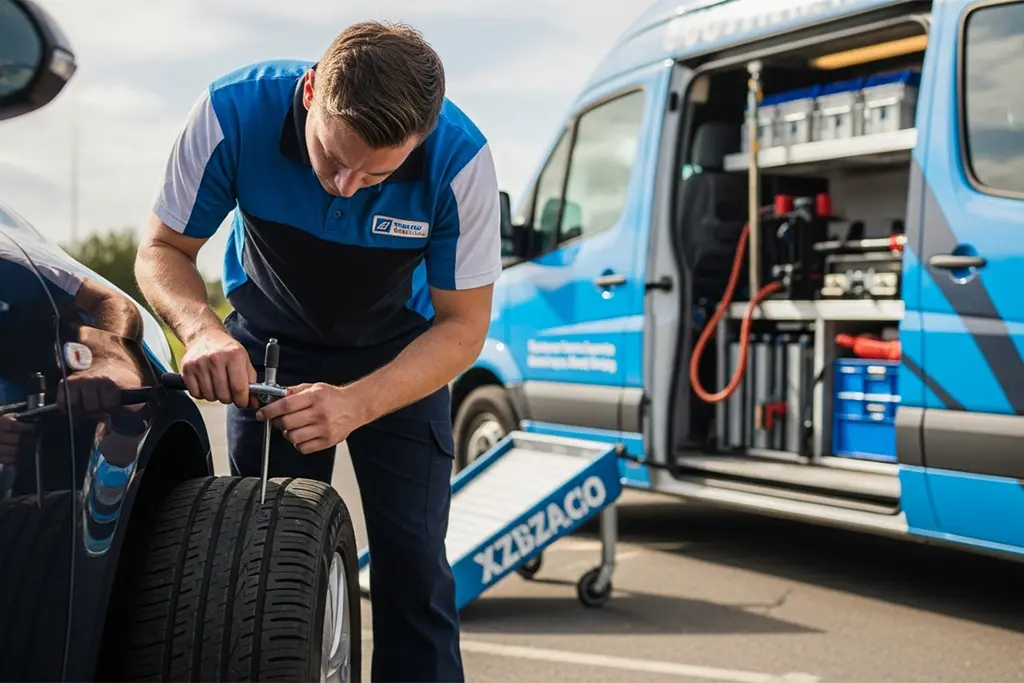 Technician repairing a tyre puncture using a plug repair method during at-home tyre puncture service