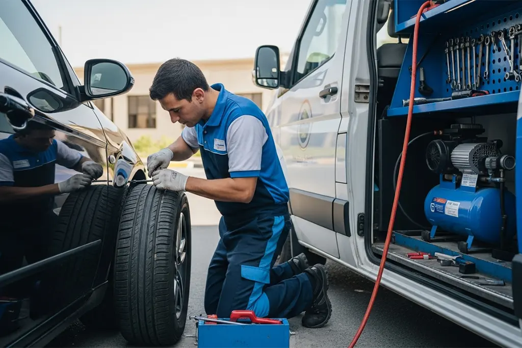 Technician urgently repairing a tyre puncture using a plug repair method during emergency tyre puncture repair service