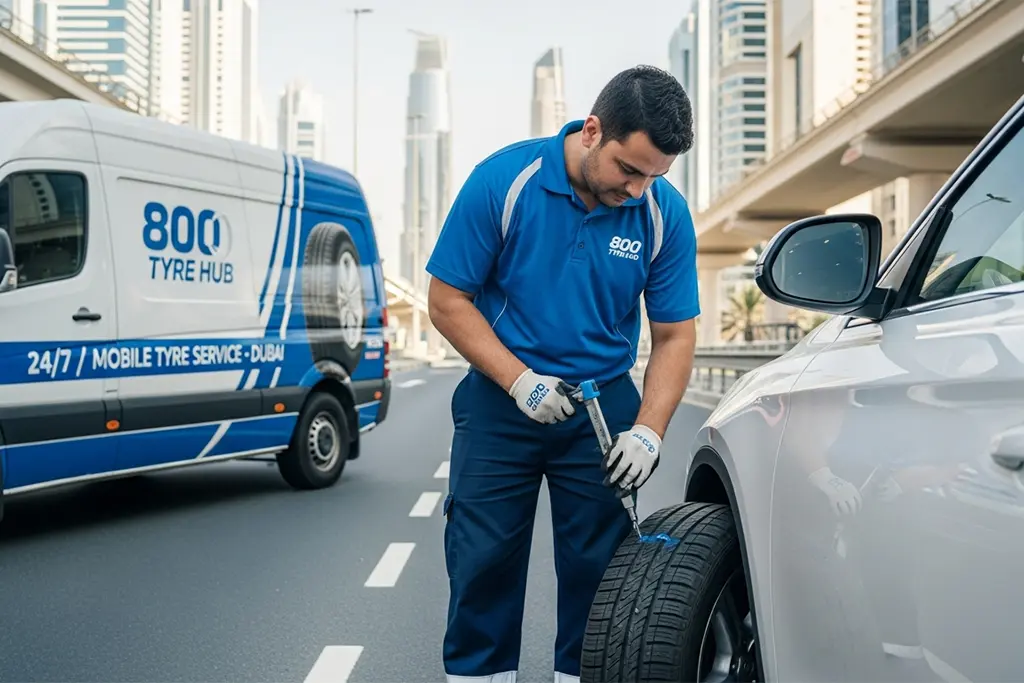 Technician repairing a tyre puncture in Dubai using a plug repair method