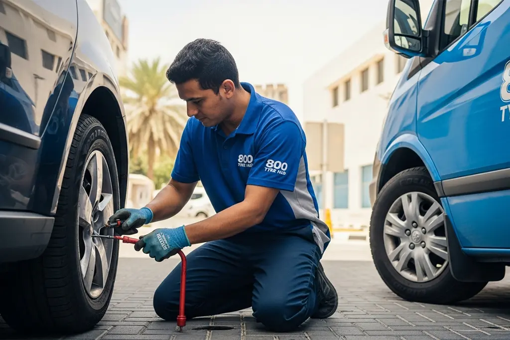 Technician repairing a tyre puncture in Ajman using a plug repair method