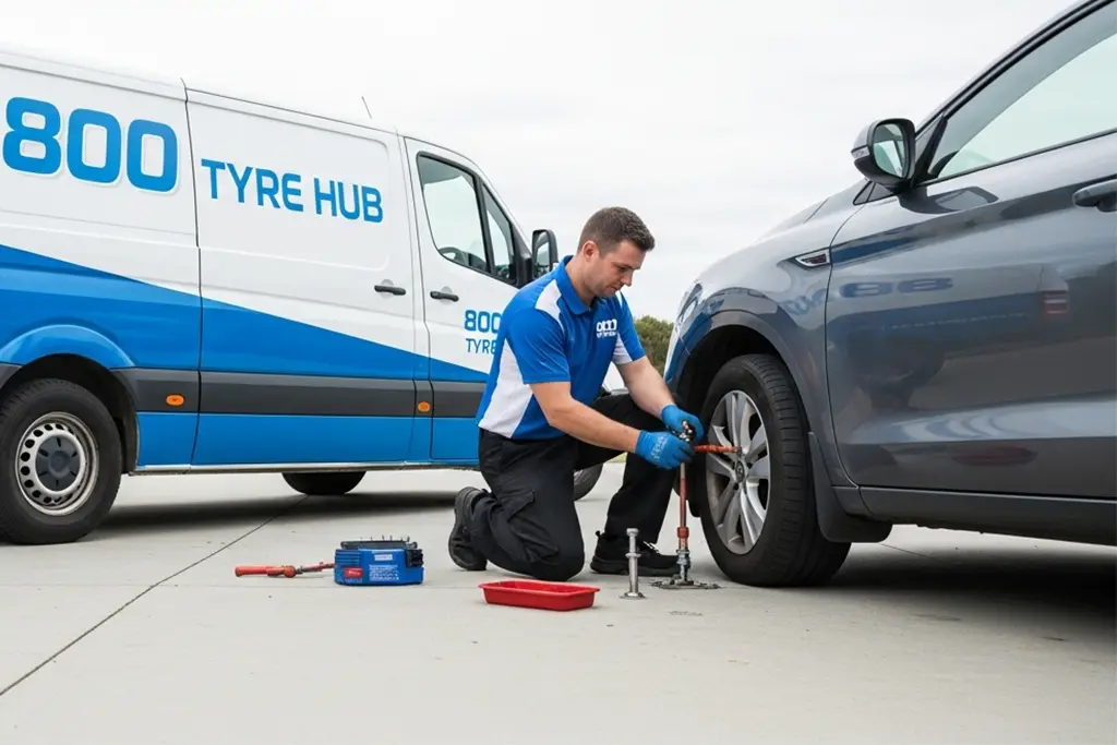 Technician performing plug repair on a flat tyre at the roadside