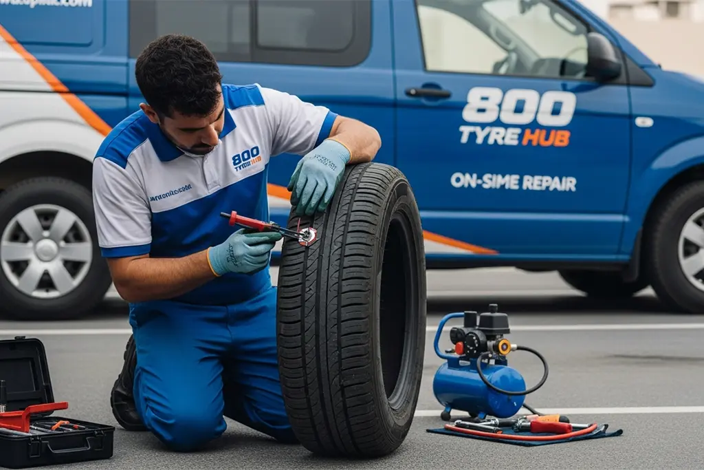 Technician repairing a flat tyre puncture in the tread area during 24/7 service