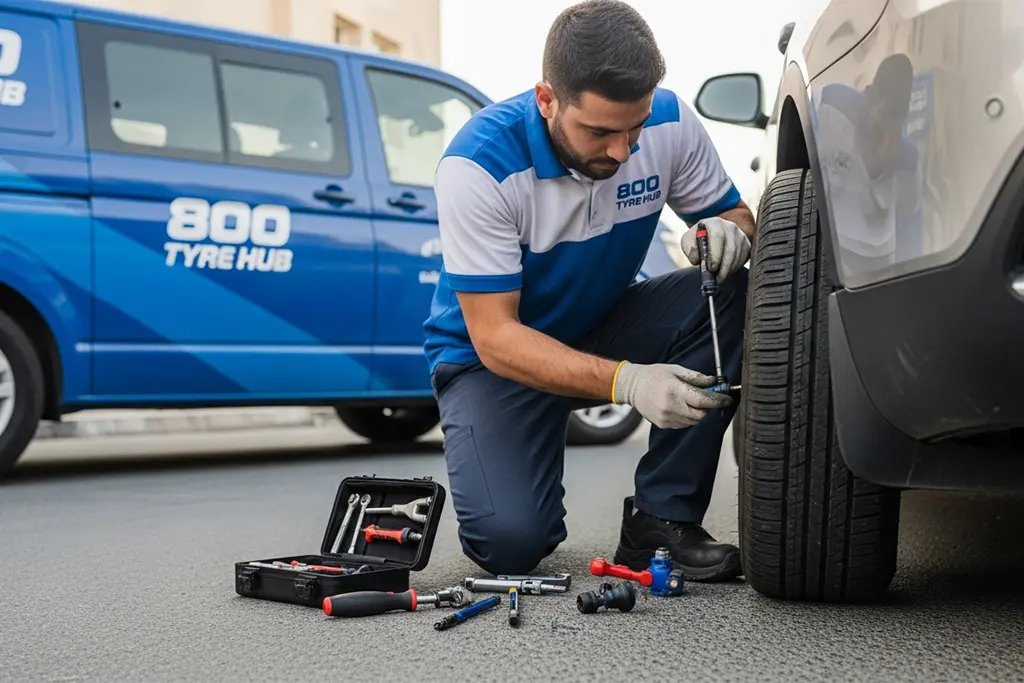 Technician repairing a flat tyre puncture in the tread area at the roadside