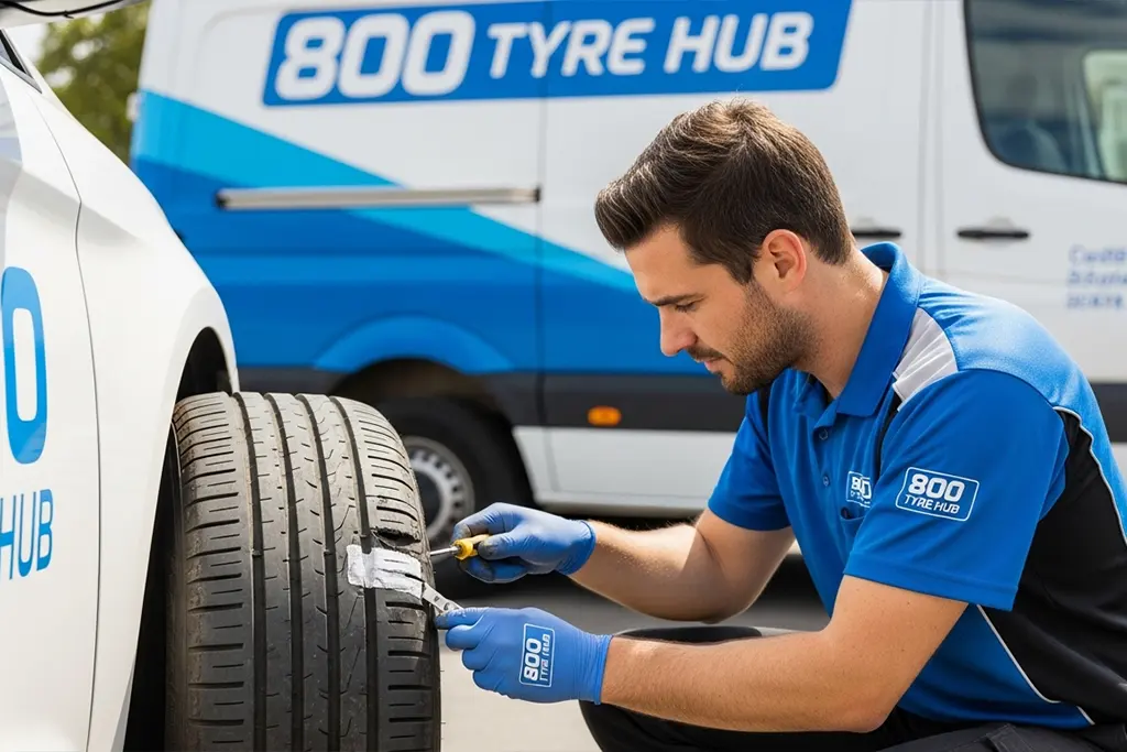 Mobile tyre repair technician inspecting sidewall damage on a car tyre at the customer’s location