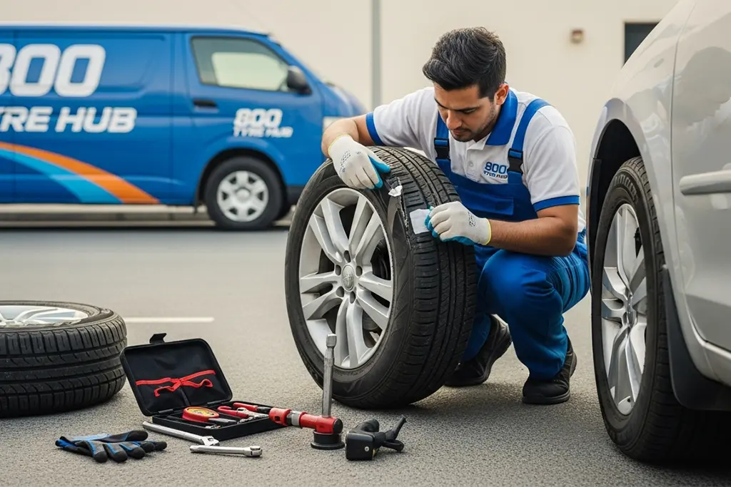 Technician inspecting sidewall damage on a flat tyre at the roadside
