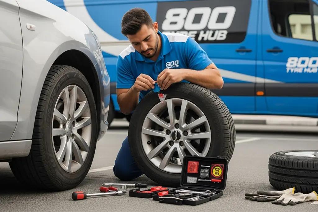 Technician inspecting and repairing emergency sidewall damage on a flat tyre