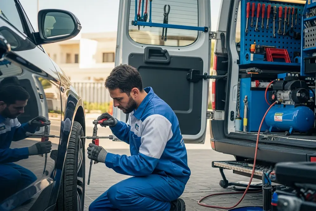 Technician urgently inspecting and repairing a tyre sidewall puncture during emergency tyre puncture repair service