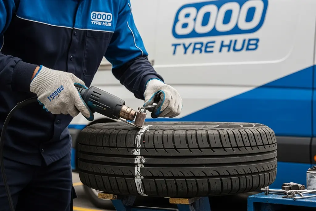 Tyre repair technician performing a limited sidewall repair on a tyre at the customer’s location in Abu Dhabi