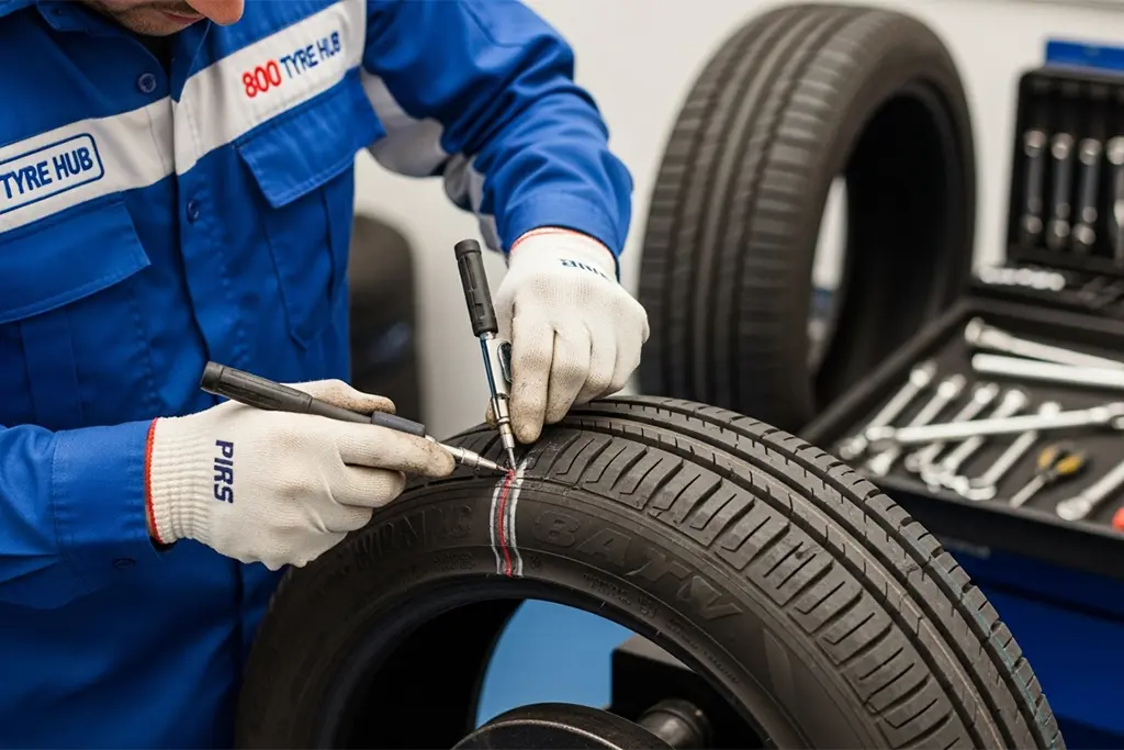 Tyre repair technician performing a limited sidewall repair on a tyre at the customer’s location in Ajman