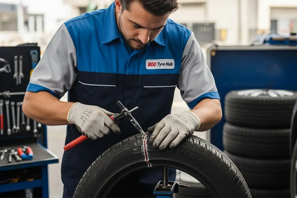 Technician performing limited sidewall repair on a tyre in Sharjah