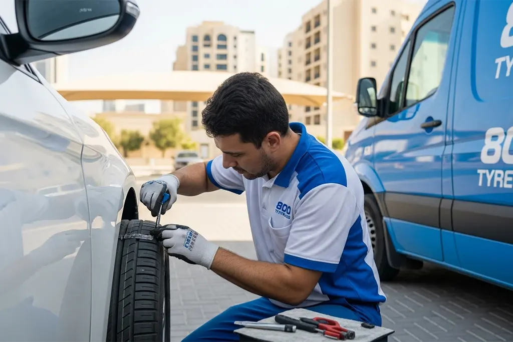 Technician inspecting and performing limited sidewall puncture repair on a car tyre during mobile service