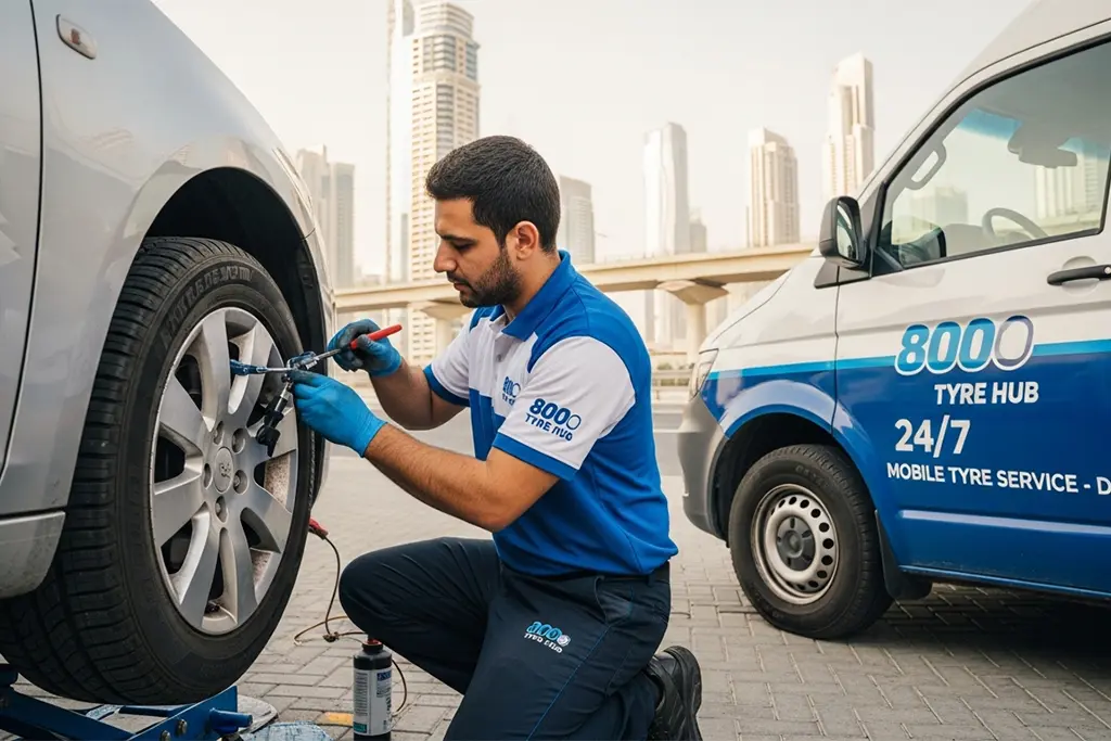 Technician inspecting and performing limited sidewall puncture repair on a car tyre in Dubai
