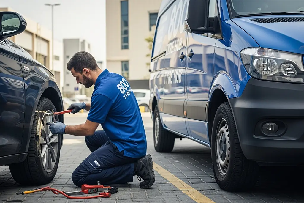 Technician inspecting and performing limited sidewall puncture repair on a car tyre in Ajman