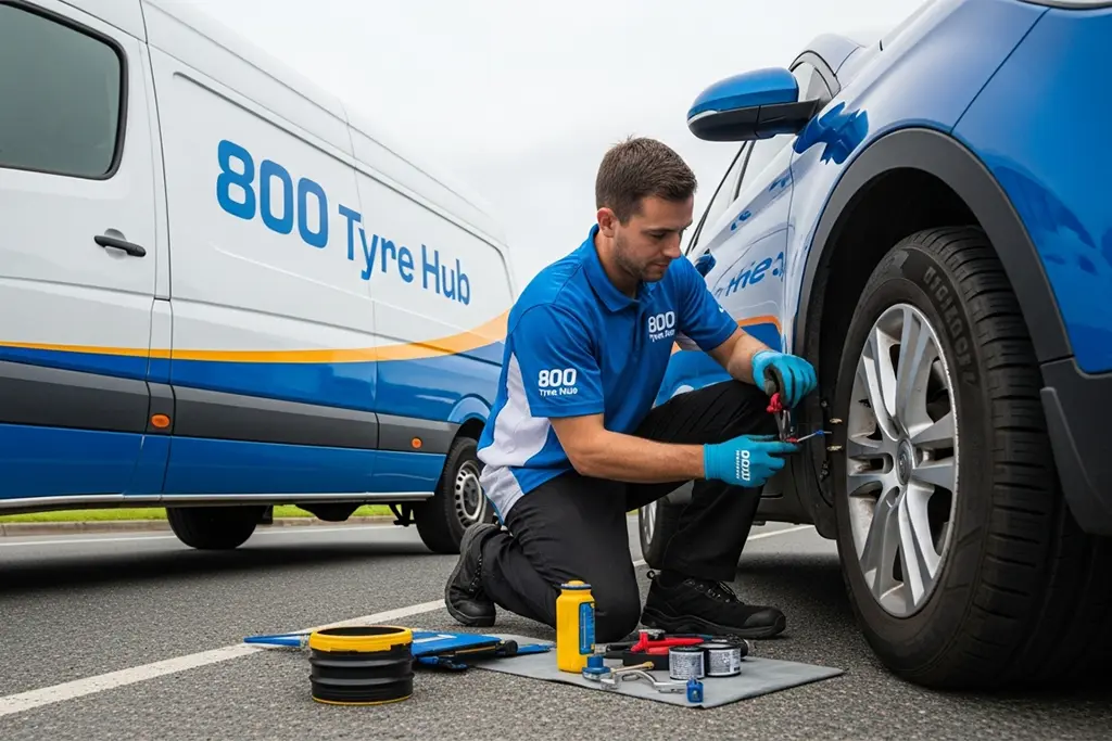 Technician performing limited sidewall repair on a flat tyre at the roadside