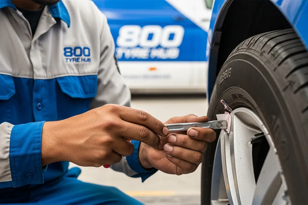 Tyre repair technician performing a limited sidewall repair on a tyre at the customer’s location in Ras Al Khaimah