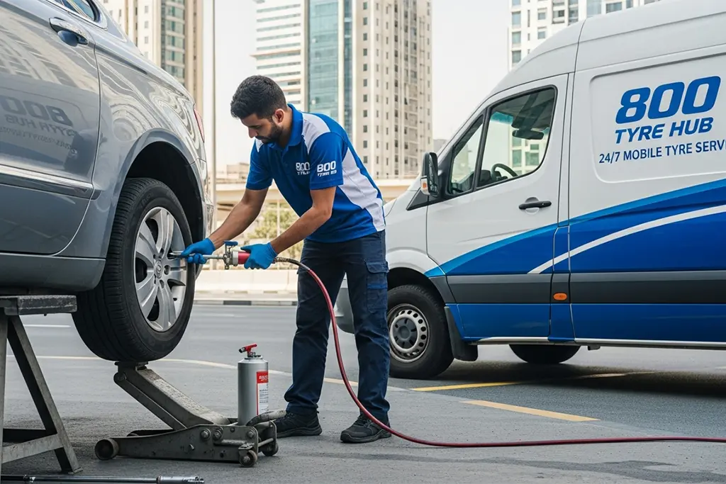 Technician applying temporary sealant foam to a punctured car tyre in Dubai during tyre puncture repair