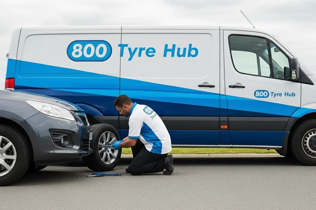 Technician repairing a damaged tyre valve stem on a car tyre in Abu Dhabi