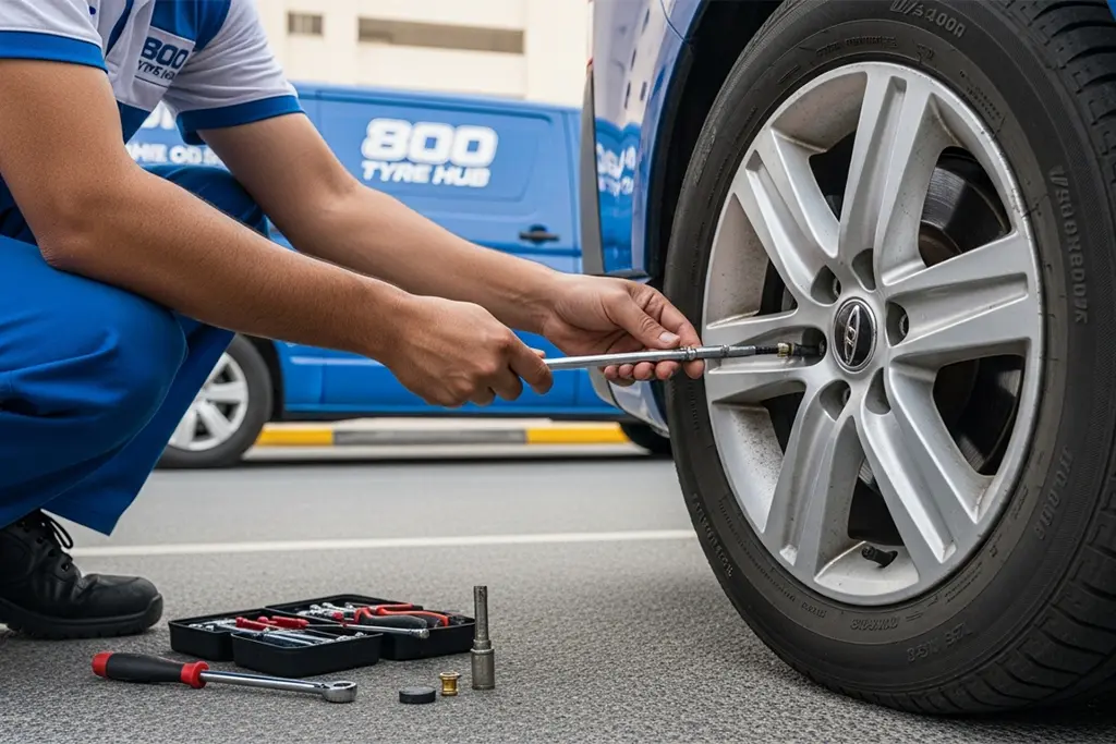 Technician repairing a flat tyre caused by a valve stem air leak