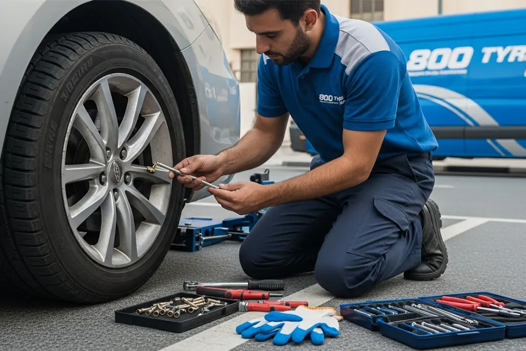 Technician repairing a flat tyre caused by a valve stem air leak at the roadside