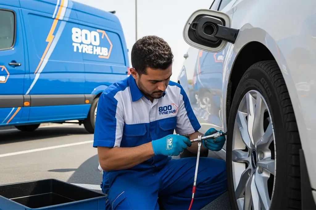Technician repairing a damaged tyre valve stem during mobile tyre puncture repair service