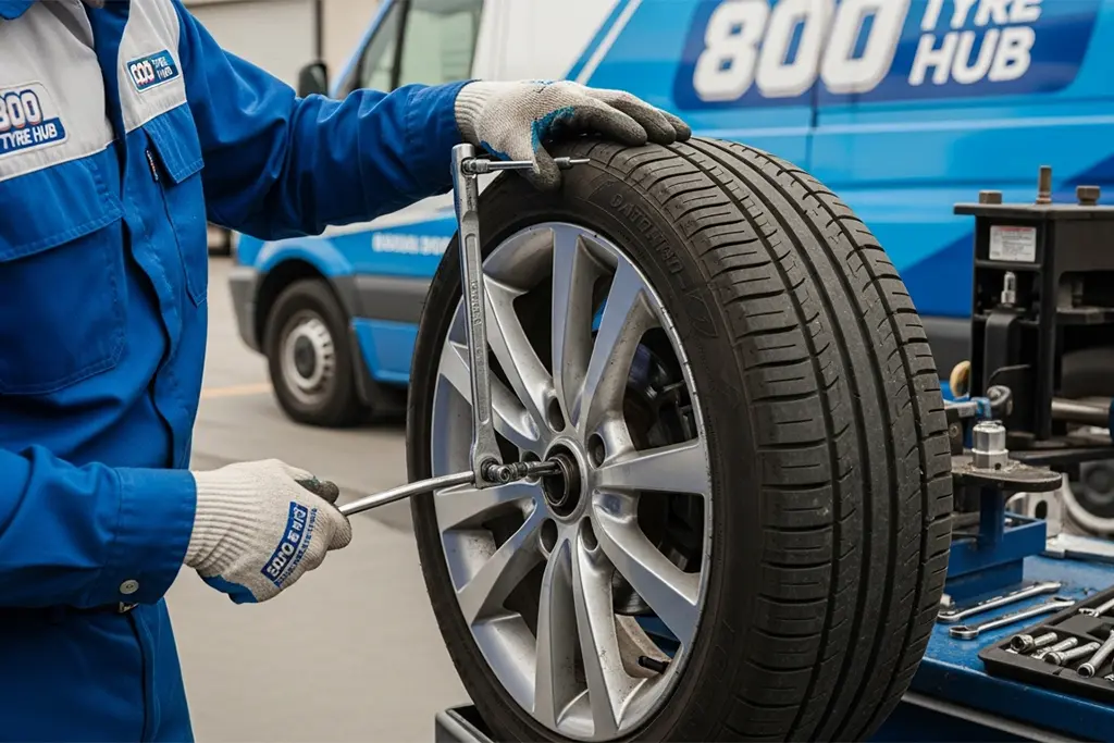 Tyre repair technician repairing a valve stem on a car tyre at the customer’s location in Abu Dhabi