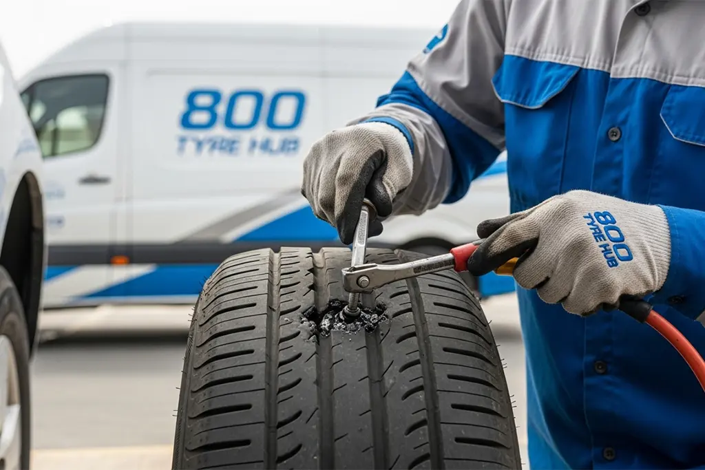 Technician repairing a tyre puncture in Ras Al Khaimah using hot or cold vulcanizing repair method
