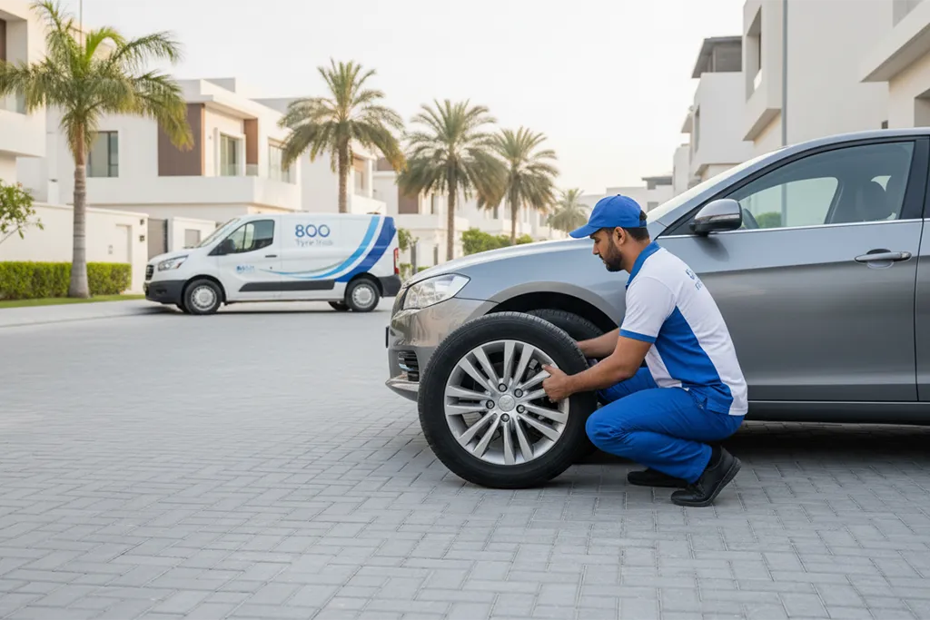 Technician providing at-home tyre replacement service in Abu Dhabi