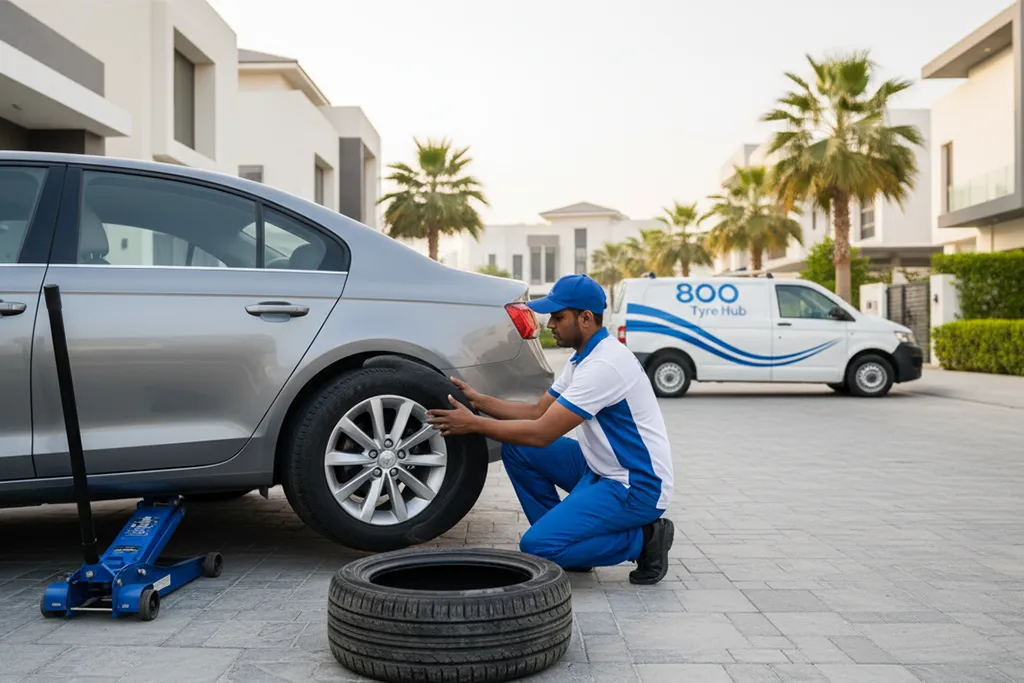 Technician providing at-home tyre replacement service in Ajman