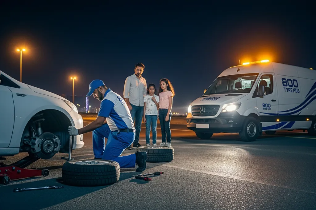 Technician providing professional tyre replacement service in Dubai