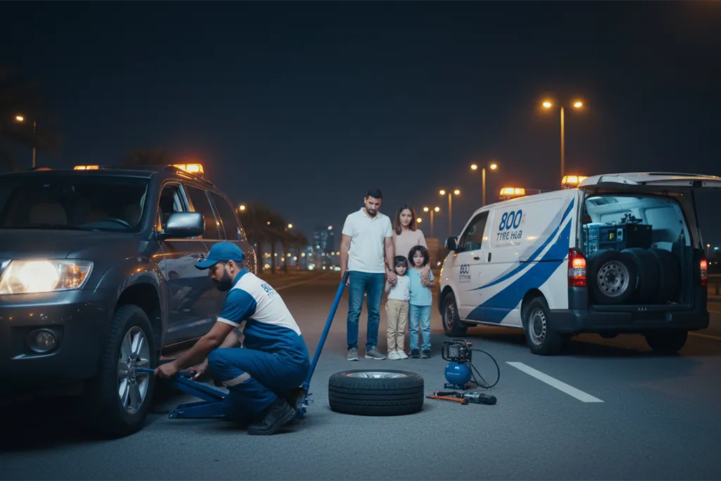 Technician providing 24/7 tyre replacement service in Sharjah