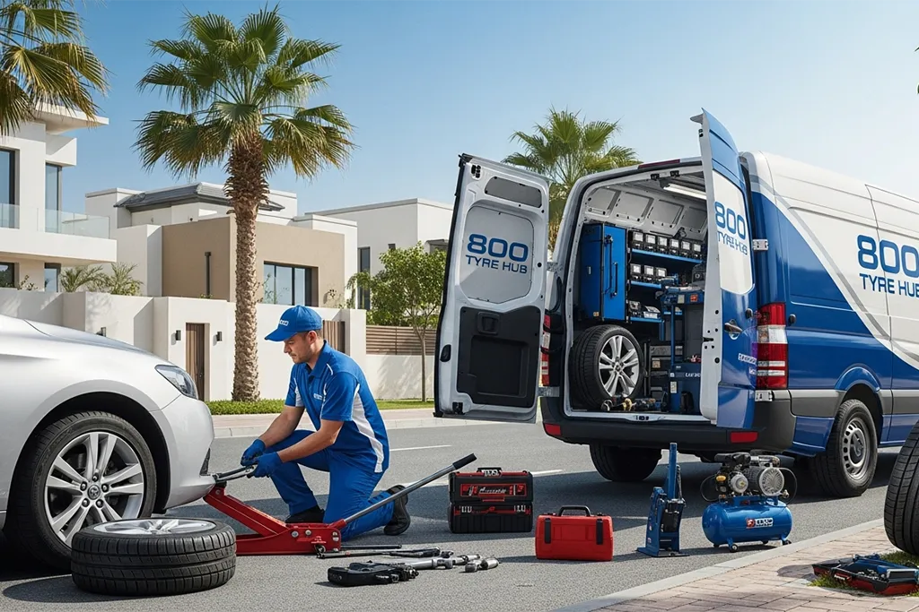 Technician providing mobile tyre replacement service in Sharjah at the vehicle location