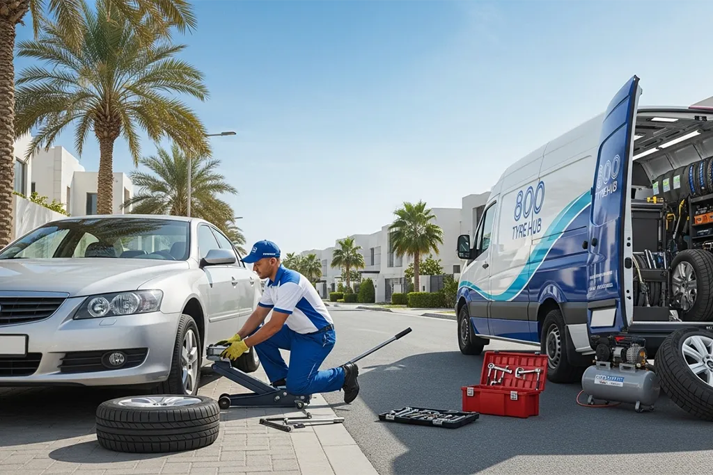 Technician providing mobile tyre replacement service in Ras Al Khaimah at the vehicle location