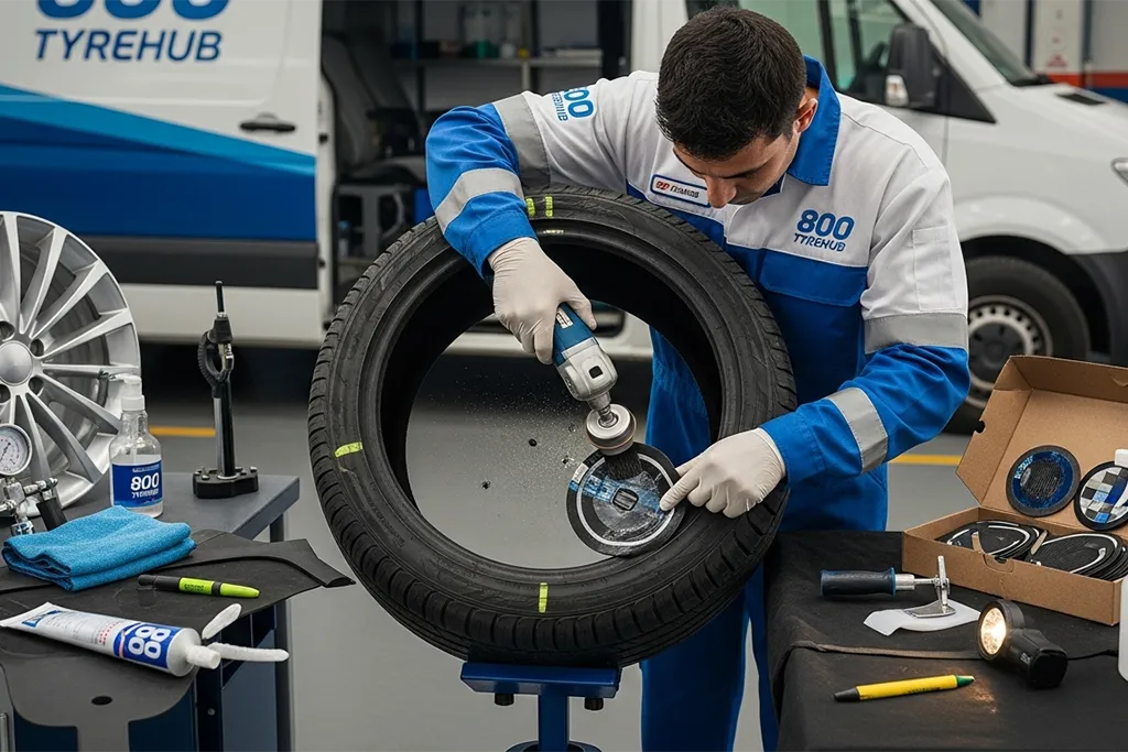 Technician repairing a tyre puncture using an internal patch repair method