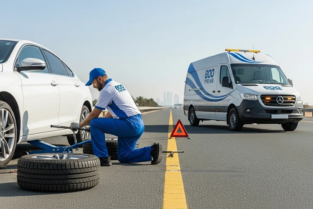 Technician providing roadside tyre replacement service in Dubai for a stopped vehicle