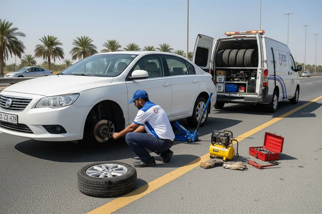 Technician providing roadside tyre replacement service in Abu Dhabi for a stopped vehicle