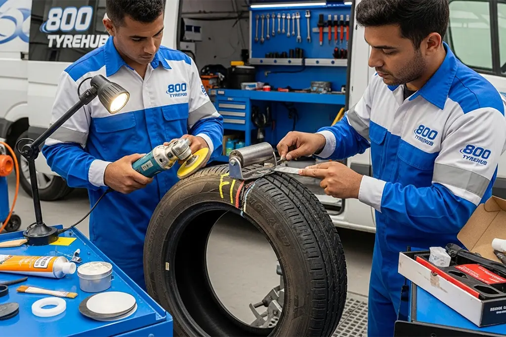 Technician inspecting and repairing a tyre sidewall puncture on a car tyre