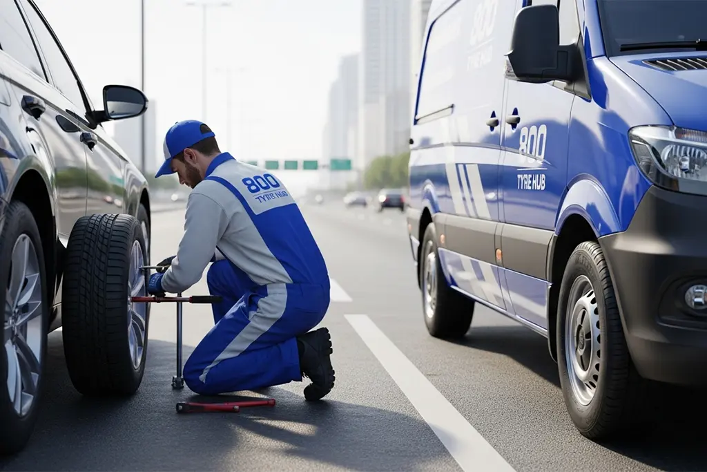 Technician urgently repairing a punctured car tyre in Dubai during emergency tyre puncture repair service