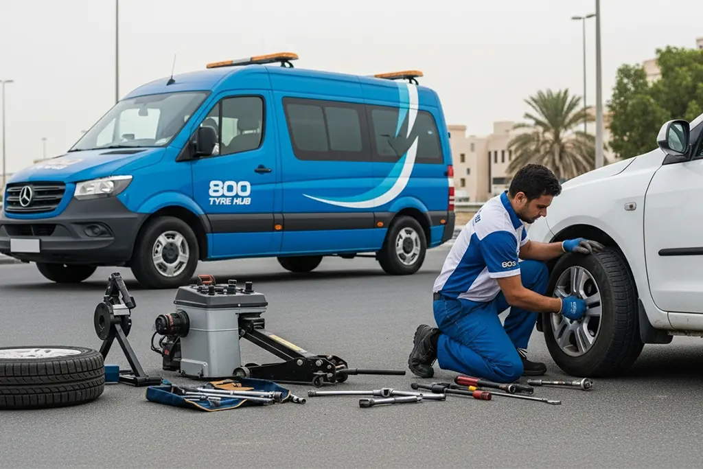 Roadside tyre repair technician responding quickly to an emergency tyre issue at the breakdown location