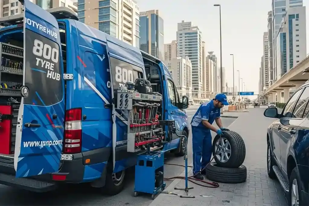 Technician providing emergency mobile tyre replacement at the vehicle location