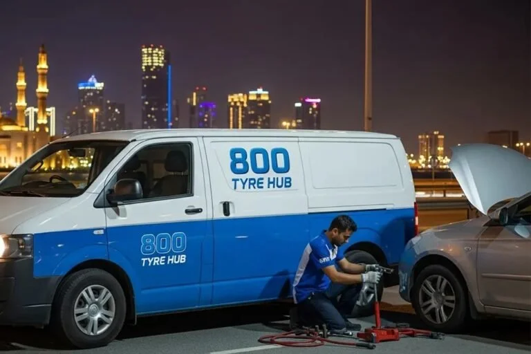 Technician providing 24/7 flat tyre repair service in Sharjah