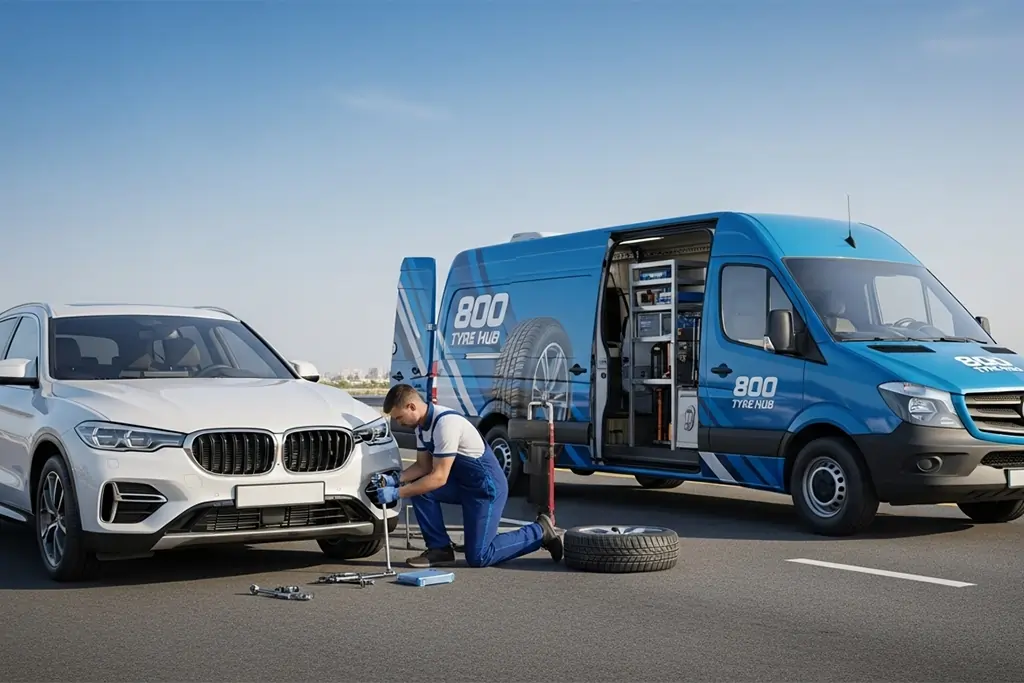 Technician providing 24/7 tyre replacement service for a stranded vehicle