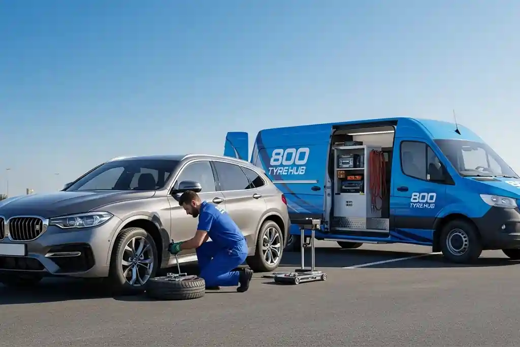 Technician repairing a punctured car tyre on-site in Dubai using mobile puncture repair service