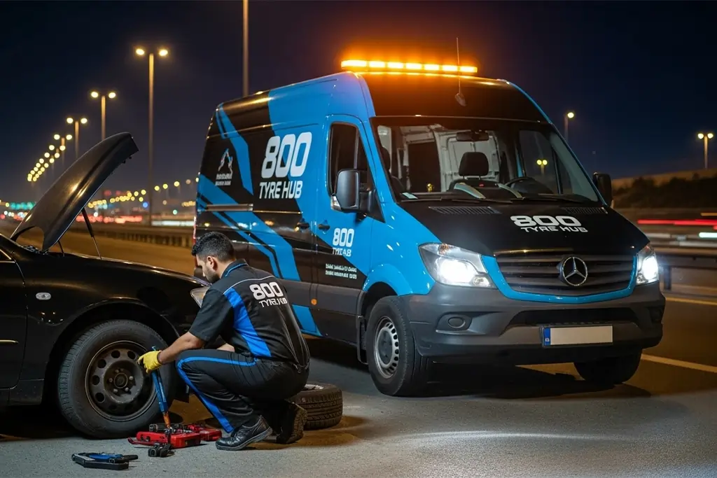 Technician providing 24/7 tyre replacement service at roadside location