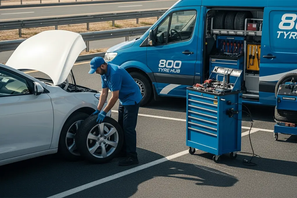 Roadside tyre repair technician assisting a vehicle after a sudden tyre blowout at the breakdown location