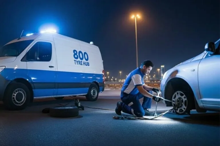 Technician performing emergency flat tyre repair service in Sharjah