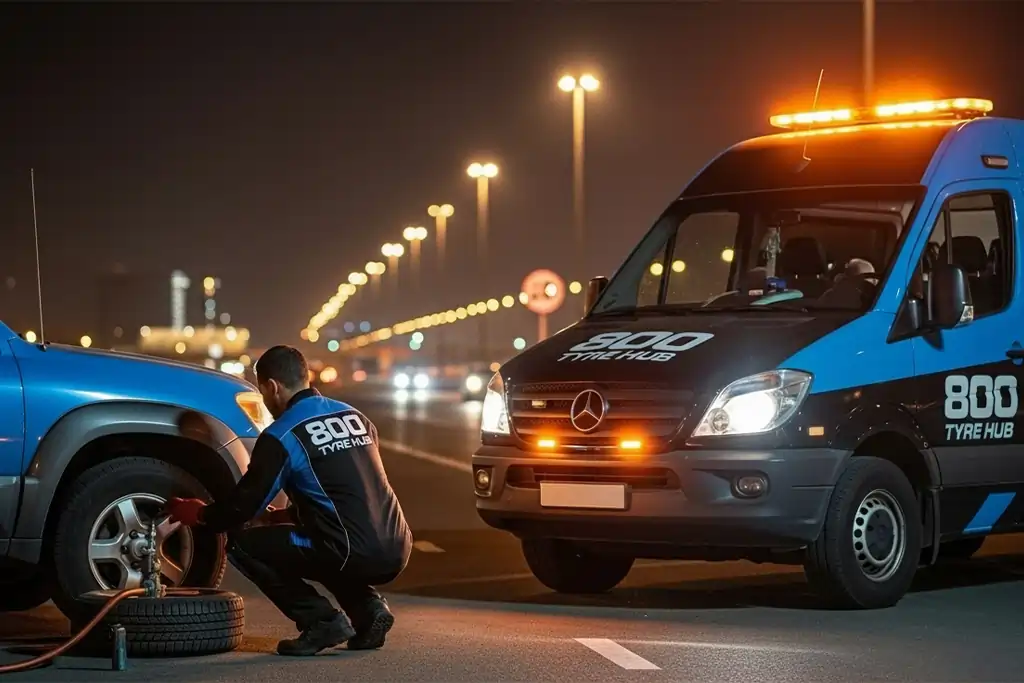 Roadside tyre repair technician fixing a tyre at the breakdown location during an emergency